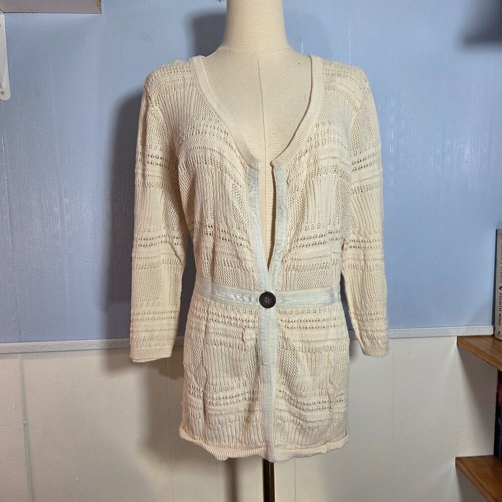 Eddie Bauer XXL Ivory Off White Open Knit 3/4 Sleeve Tie Button Open Cardigan